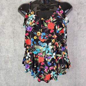 Women's Aqua Green Tiered Tankini Top Multicolor Floral Adjustable Straps S